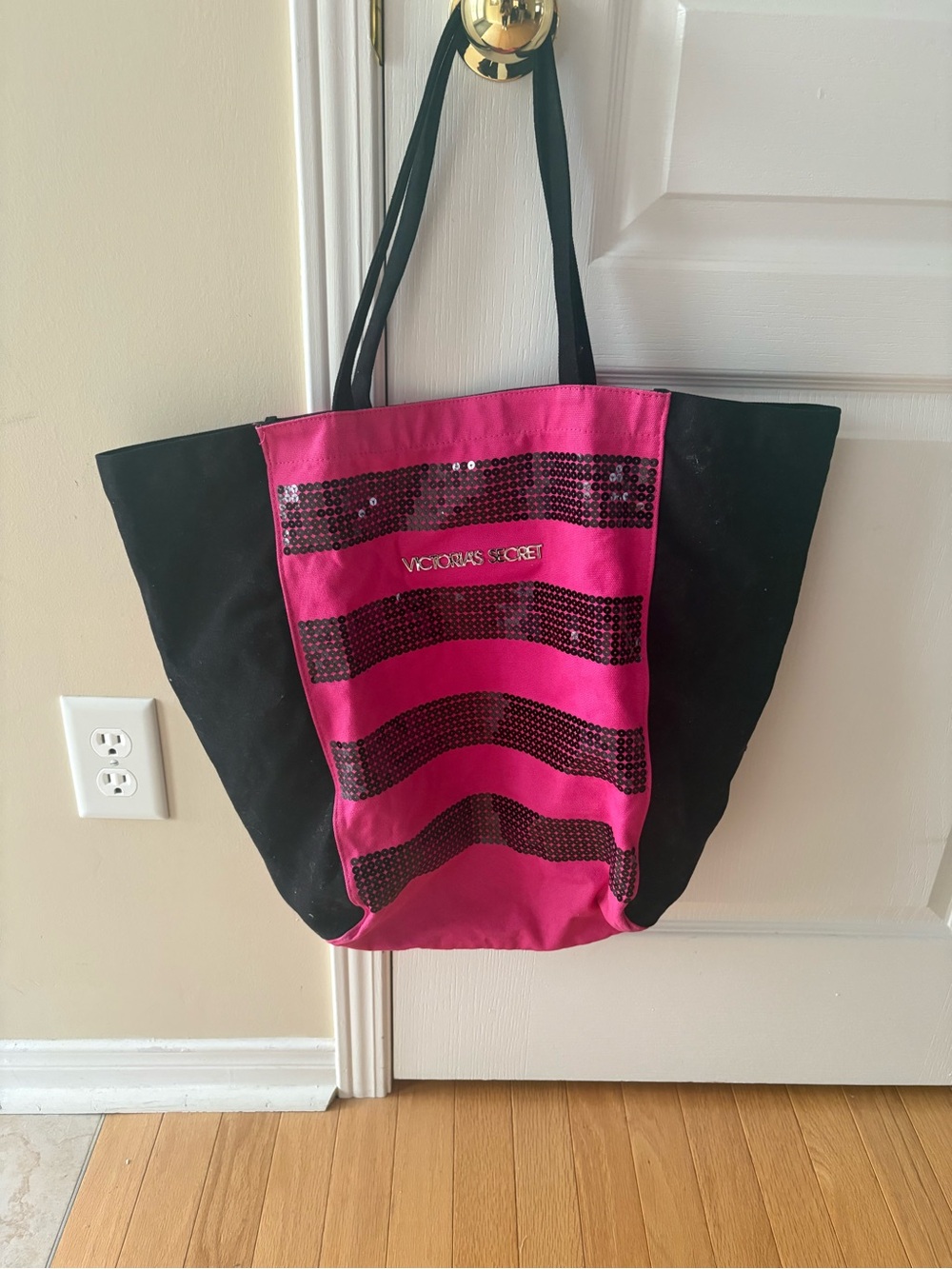 Victoria's Secret Hot Pink and Black Sequin Stripe Tote
